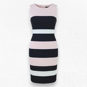 Tommy Hilfiger Powder Pink Navy Color Block Striped Corpcore Sheath Dress Size 6
